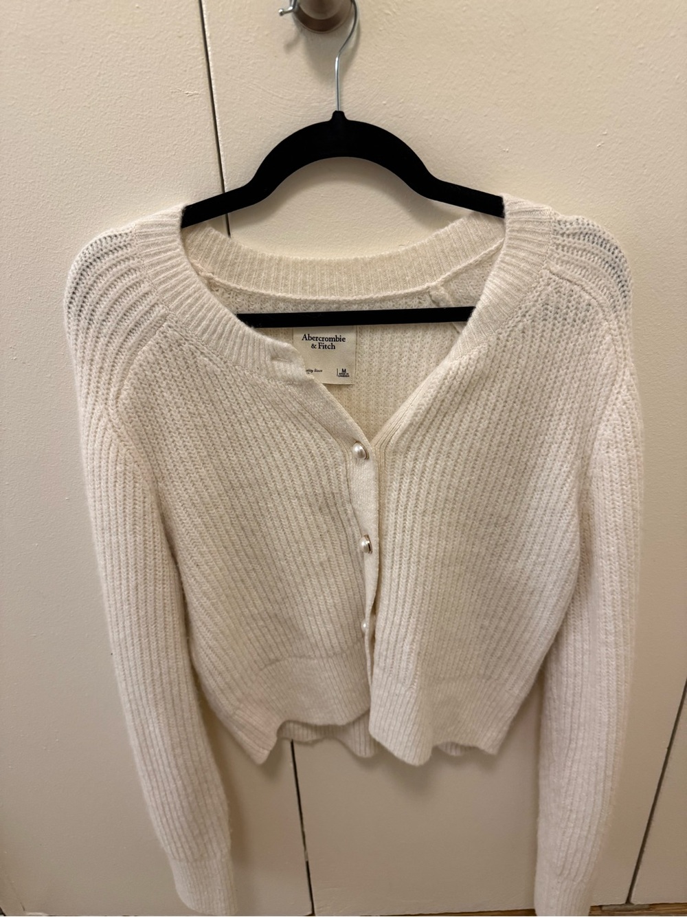 Abercrombie & Fitch Cream Ribbed Pearl-Button Cardigan